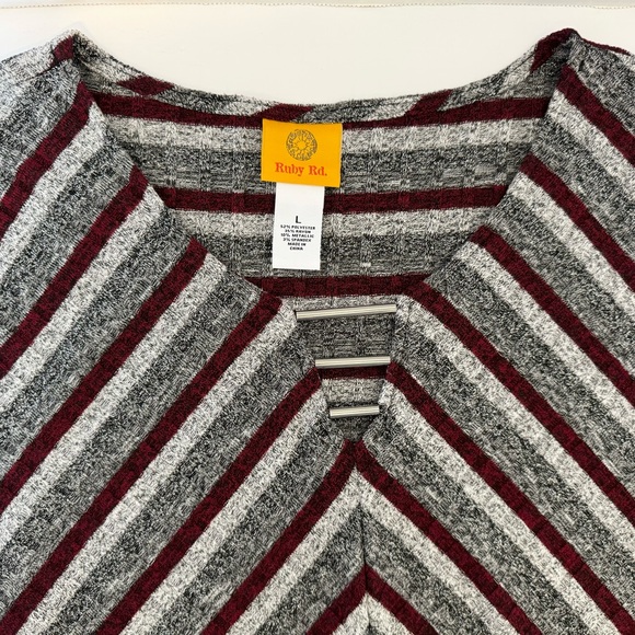 Ruby Rd Stripe Maroon Silver Metalic Thread Tunic Blouse XL SharkBite Hem Large - Picture 5 of 16